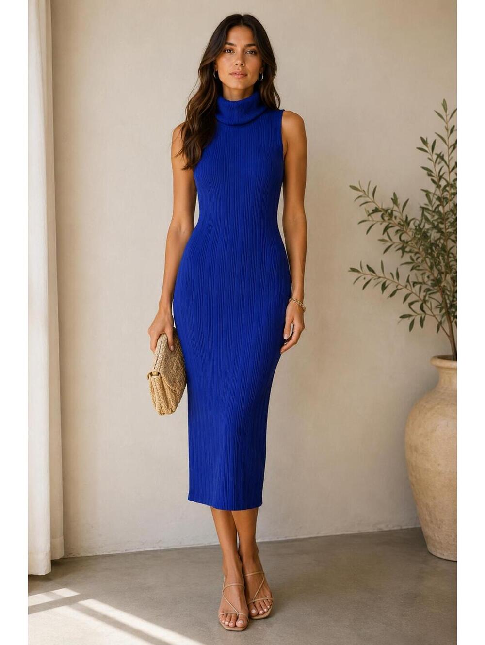 Nine West Cobalt Blue Ribbed Turtleneck Midi Dress Quiet Luxury Size M